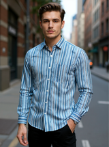 Navy Blue Sanganeri Stripes Printed Full Sleeves Shirt