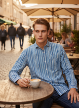 Navy Blue Sanganeri Stripes Printed Full Sleeves Shirt