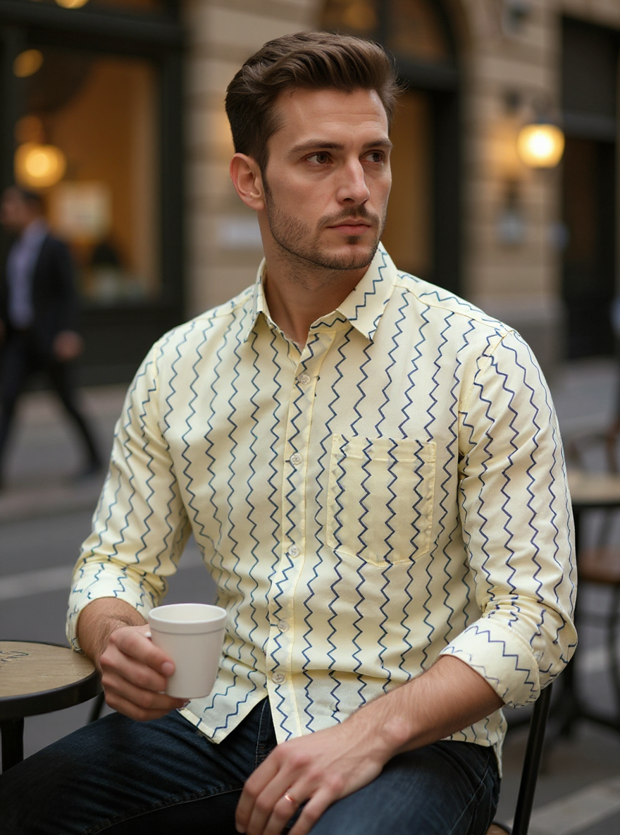 Blue Zig-Zag Sanganeri Full Sleeves Shirt