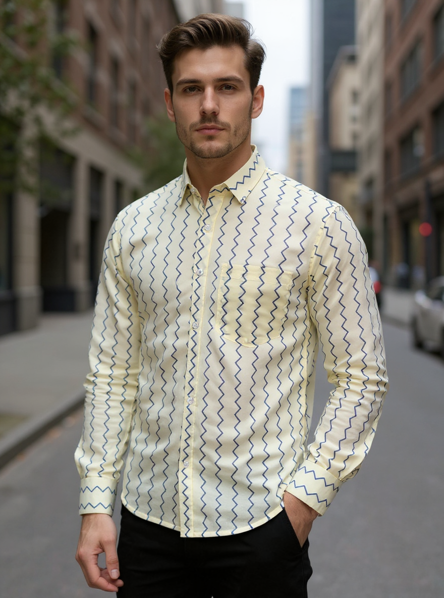 Blue Zig-Zag Sanganeri Full Sleeves Shirt