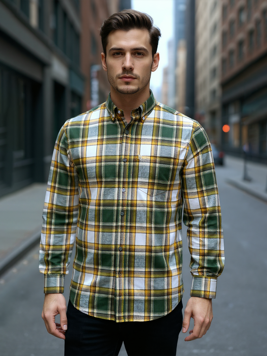 Yellow & Green Checkered Full Sleeves Cotton Shirt
