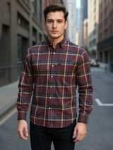 Burgundy Checkered Full Sleeves Cotton Shirt