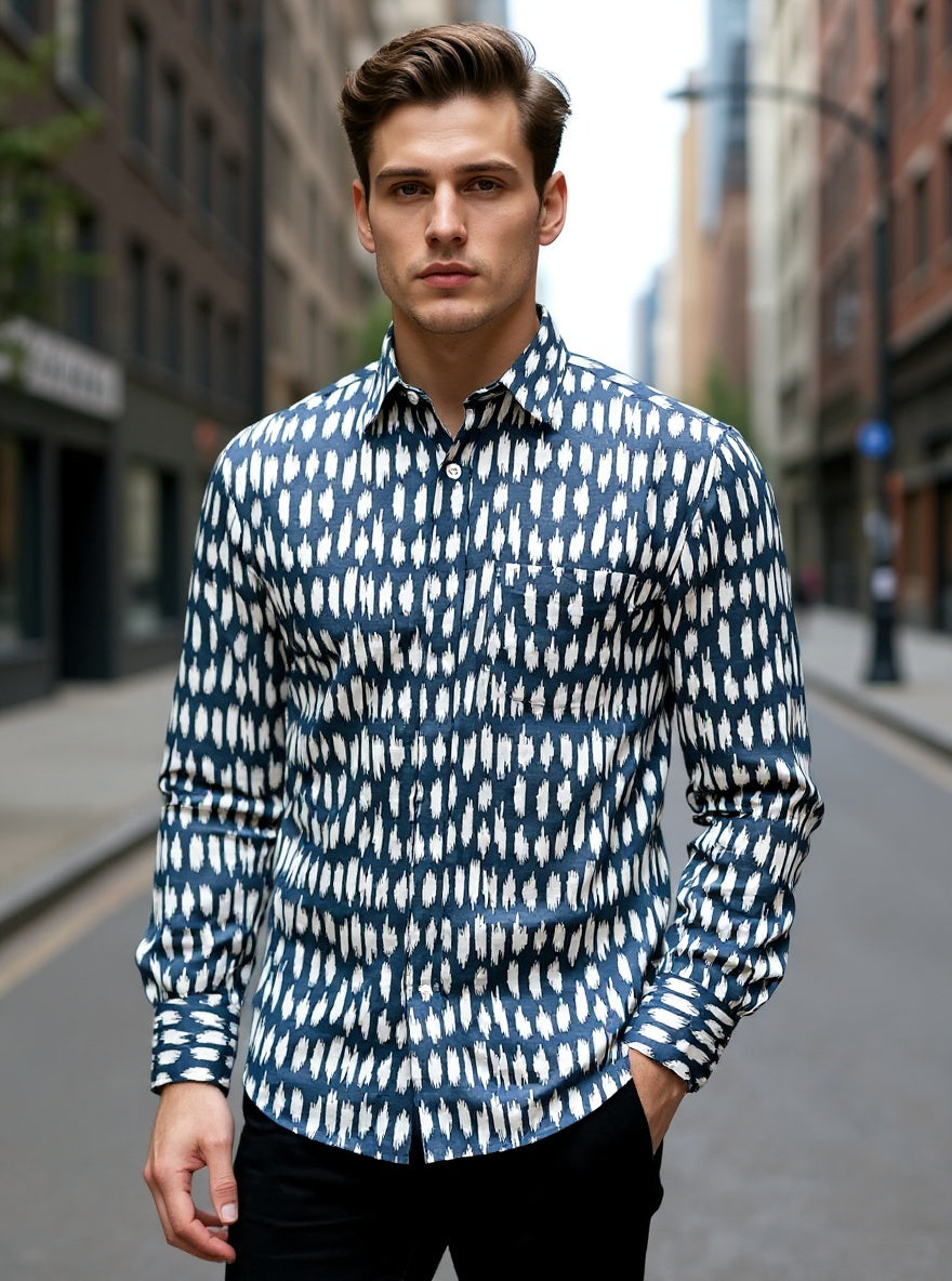 Navy Ikat Sanganeri Full Sleeves Shirt