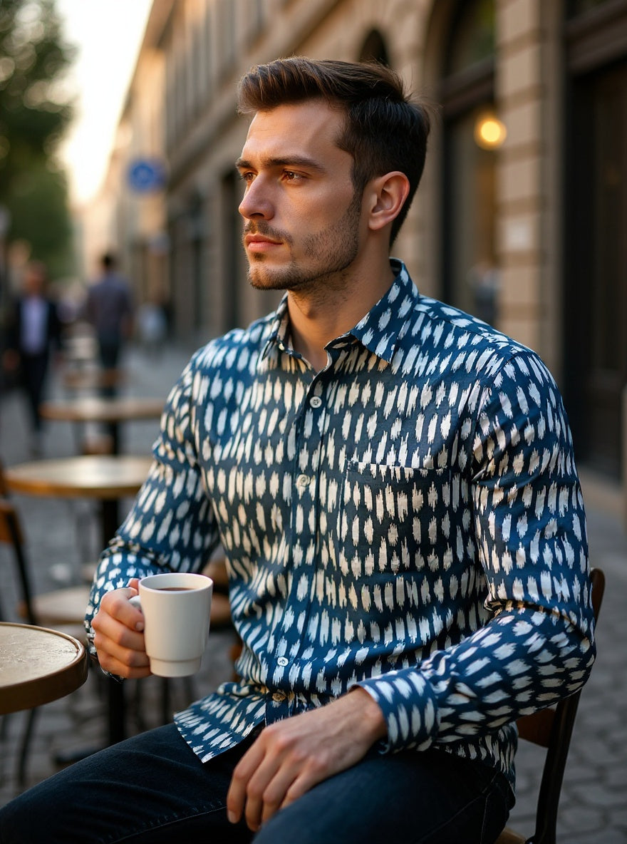 Navy Ikat Sanganeri Full Sleeves Shirt