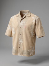 Beige Embroidered Leaf Motif Down Button oversized Shirt