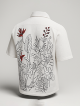 White Leaf Print Down Button Oversized Full Sleeves Shirt