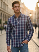 Navy Blue Windowpane Check Full Sleeves Luthai Fabric Shirt