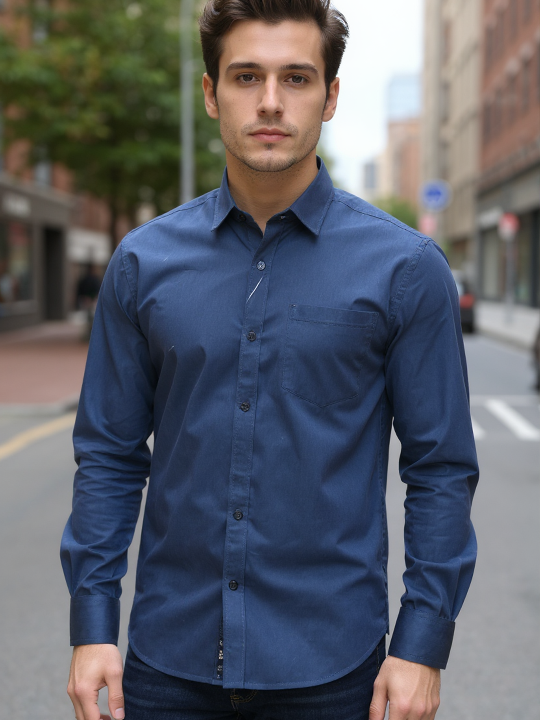 Deep Blue Solid Full Sleeves Luthai Fabric Shirt