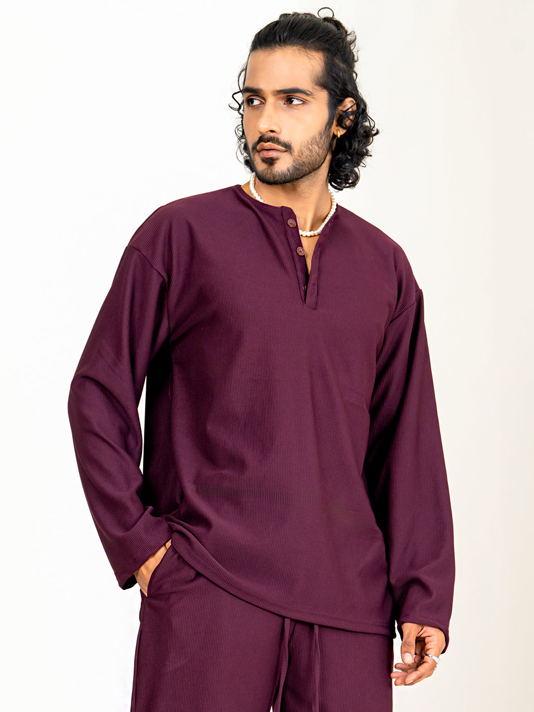 Dark Maroon Cord Henley T-Shirt