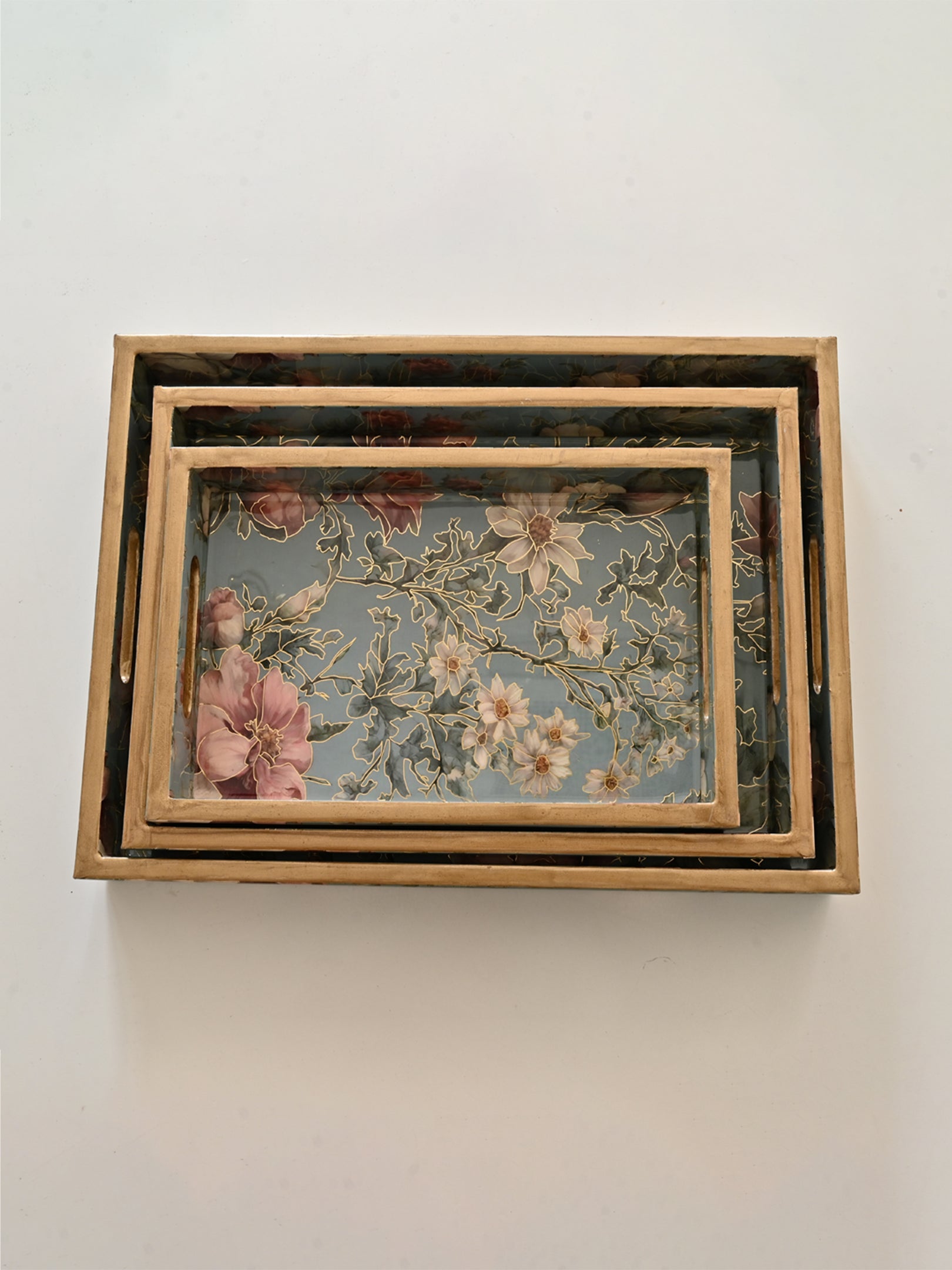 Blue Flower Tray Set Of 3