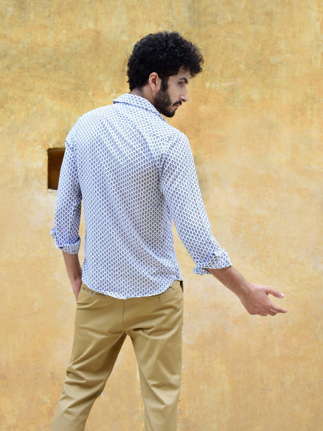 White Abstract Ethnic Motif Mens Shirt