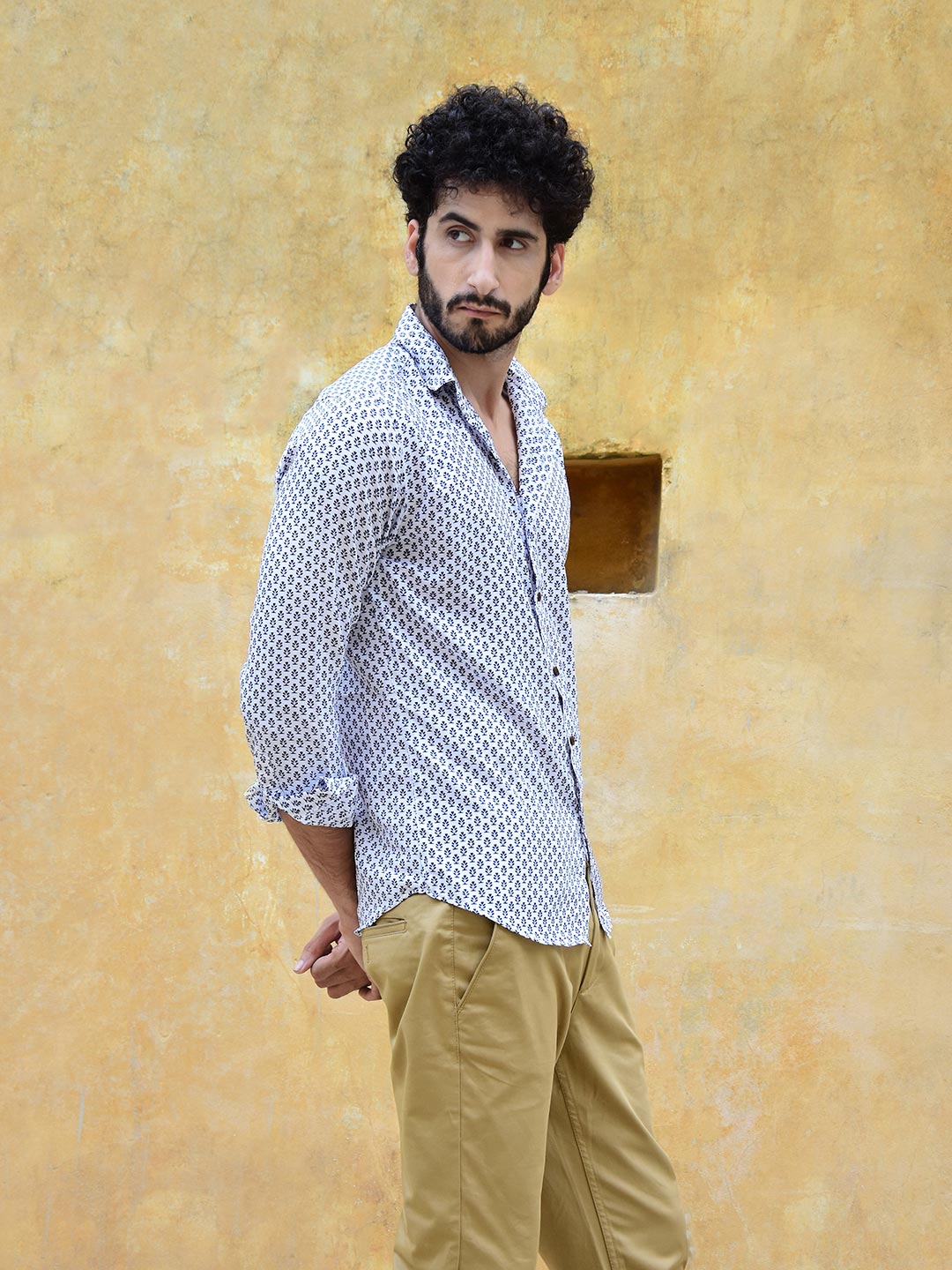 White Abstract Ethnic Motif Mens Shirt