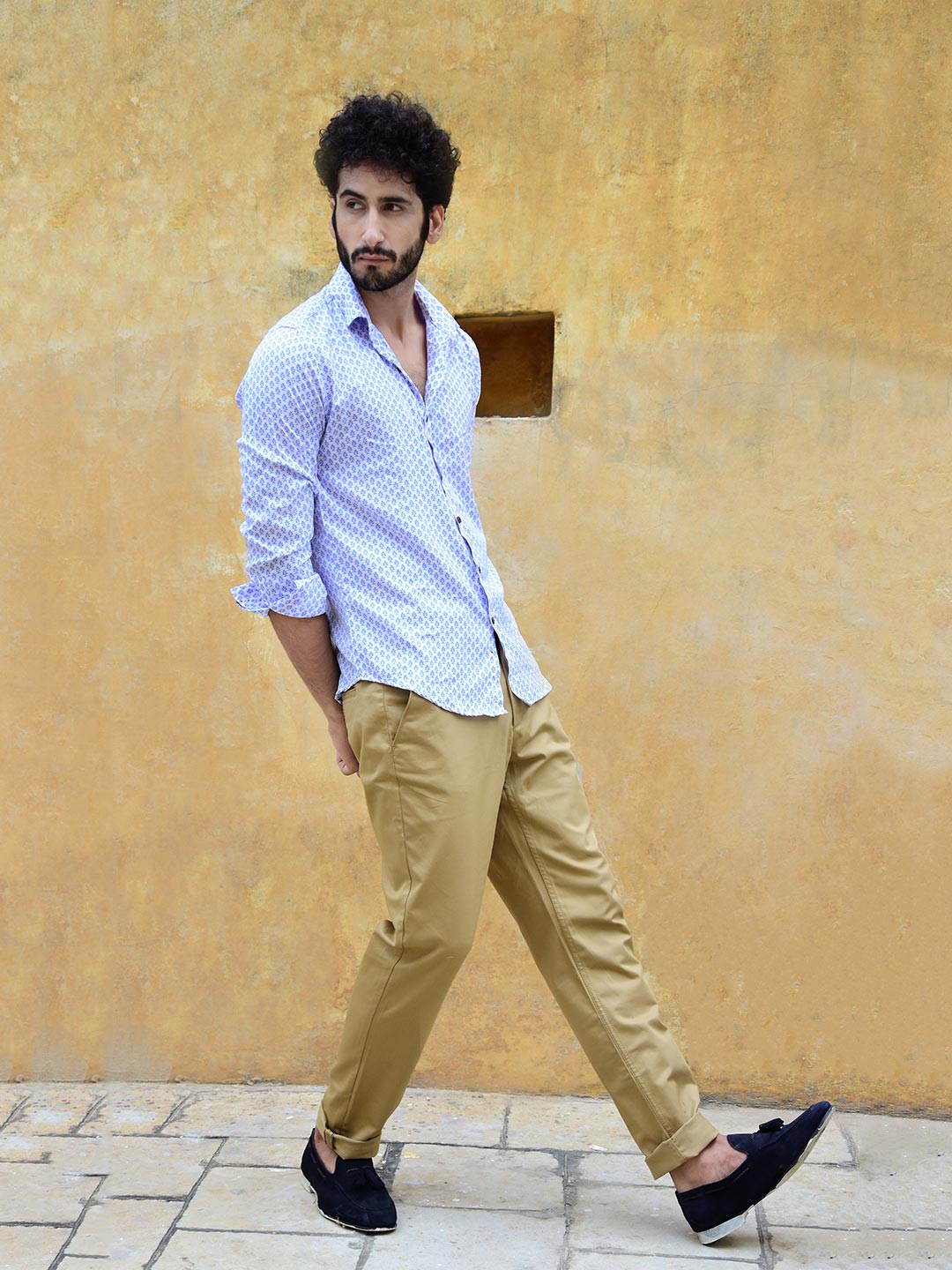 White and Blue Ethnic Motif Mens Shirt