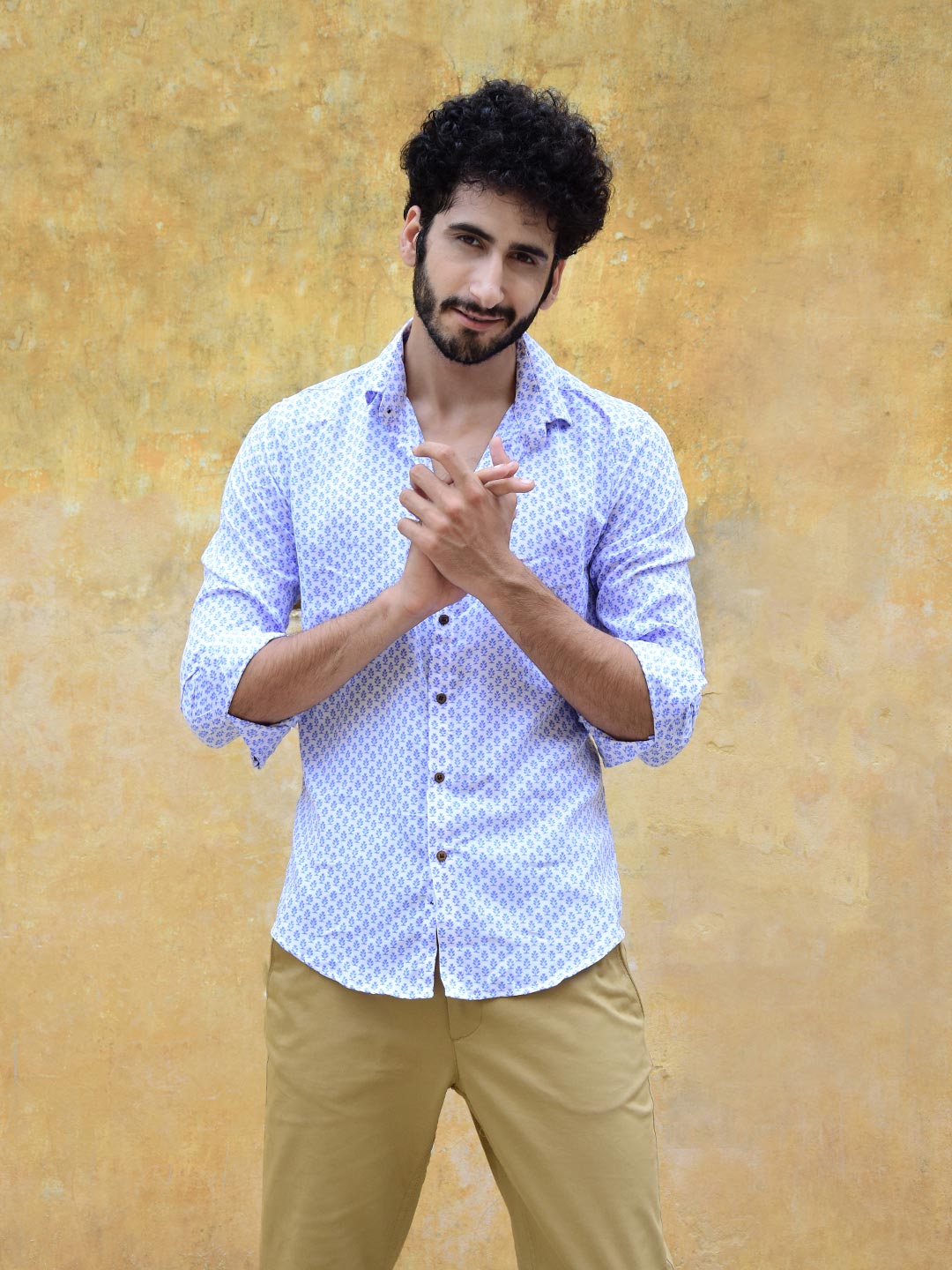 White and Blue Ethnic Motif Mens Shirt