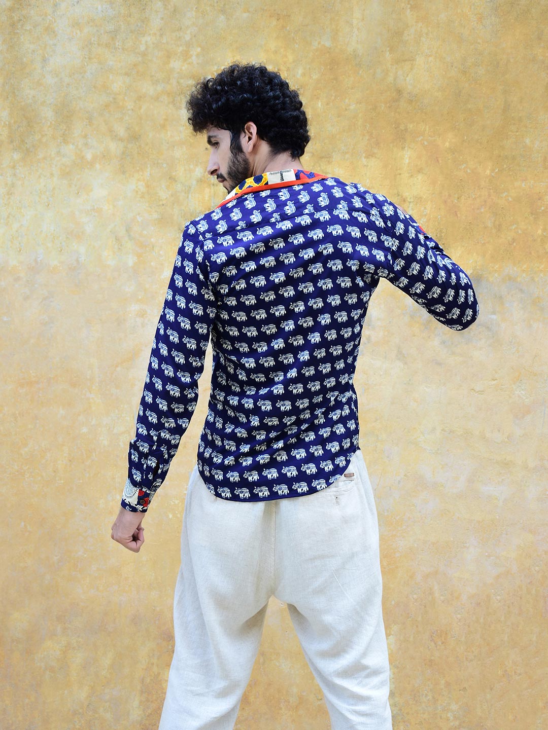 Navy Blue Elephant Ethnic Print Mens Shirt