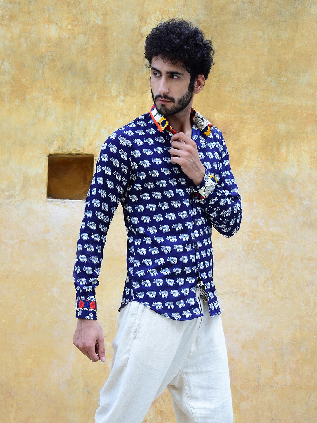 Navy Blue Elephant Ethnic Print Mens Shirt