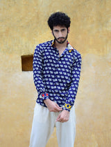 Navy Blue Elephant Ethnic Print Mens Shirt