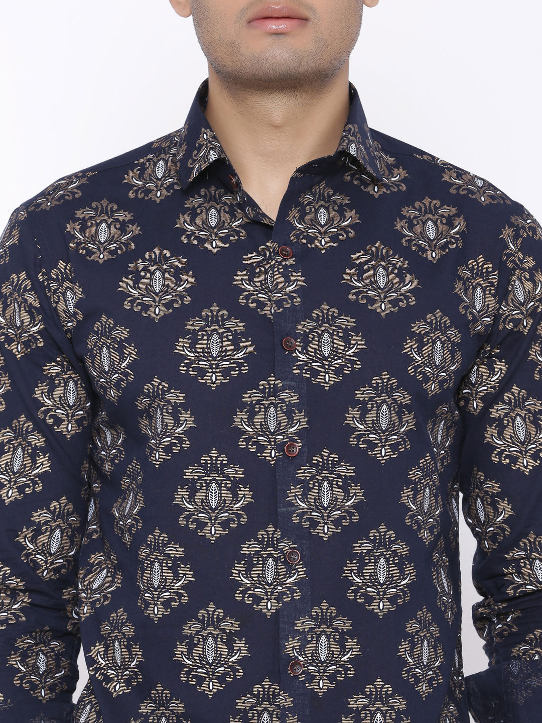 Blue With Golden Motif Printed Cotton Shirt