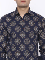 Blue With Golden Motif Printed Cotton Shirt