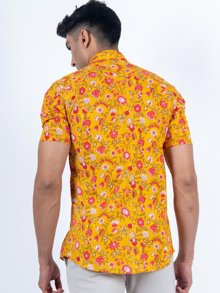 Yellow Floral Printed Cotton Half Sleeves Shirt - Tistabene