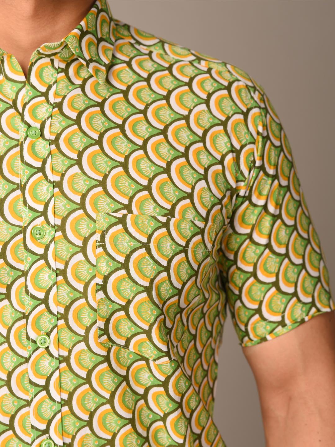 Green Takeshi Printed Cotton Half Shirt