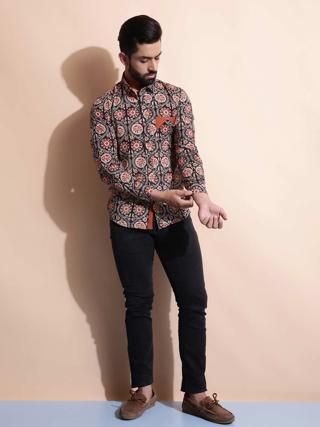 Men Black and Rust Printed Slim Fit Shirt