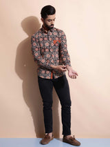Men Black and Rust Printed Slim Fit Shirt