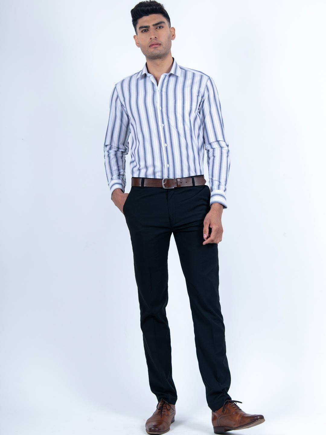 White and Blue Stripes Printed Cotton Shirt - Tistabene