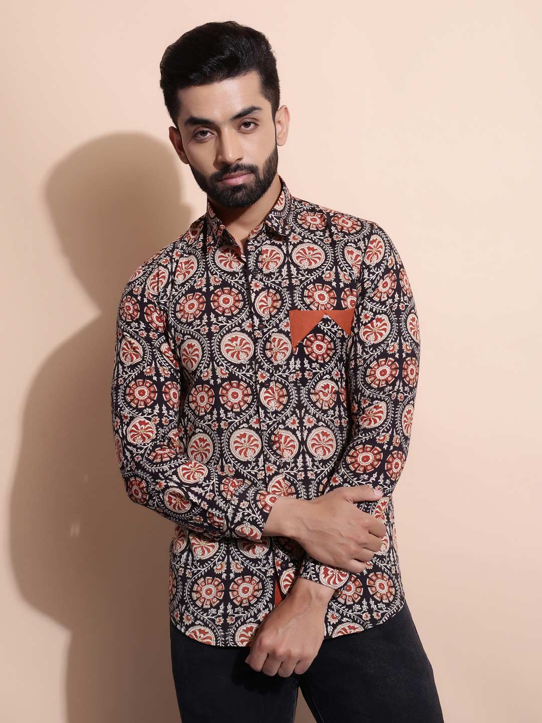 Men Black and Rust Printed Slim Fit Shirt