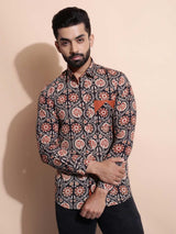 Men Black and Rust Printed Slim Fit Shirt