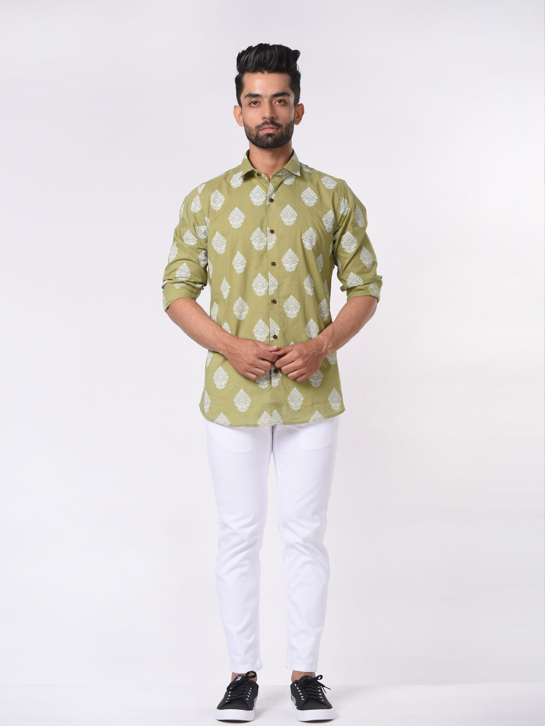 Green and White Ethnic Motif Printed Cotton Shirt