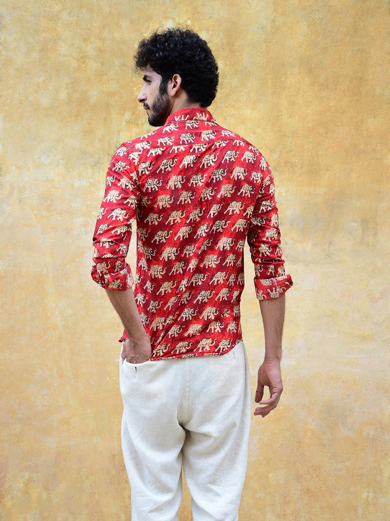 Buy Traditional Red Elephant Printed Crepe Shirt Online | Tistabene