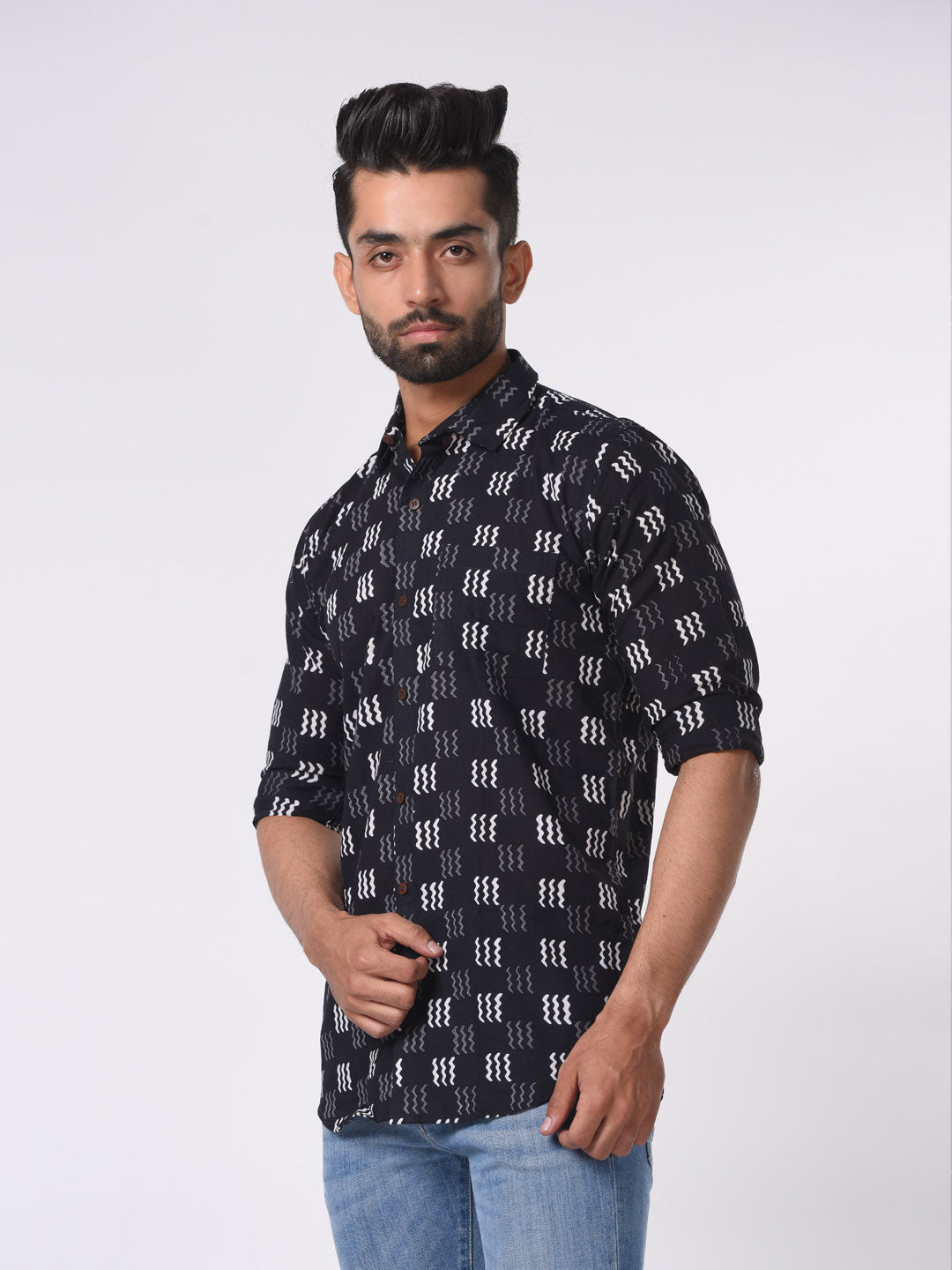 Geometric Block Print Cotton Slim Fit Shirt
