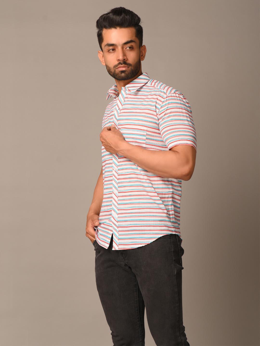 white and blue pinstripe shirt