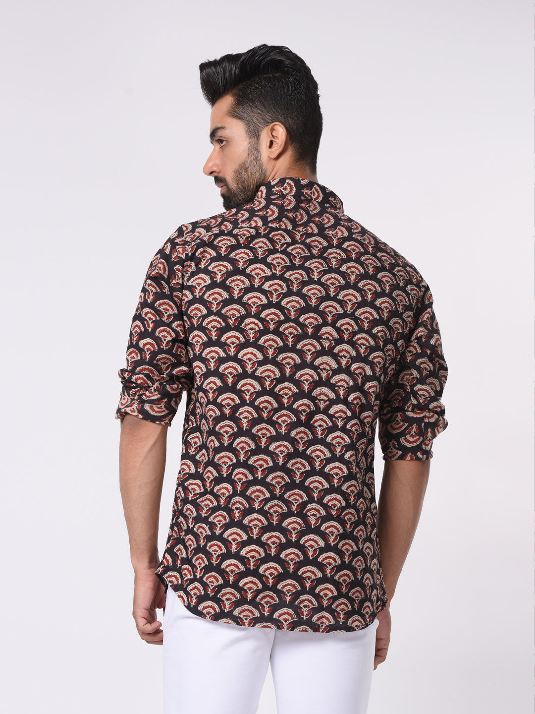 Black with Red Floral Block Print Cotton Slim Fit Shirt