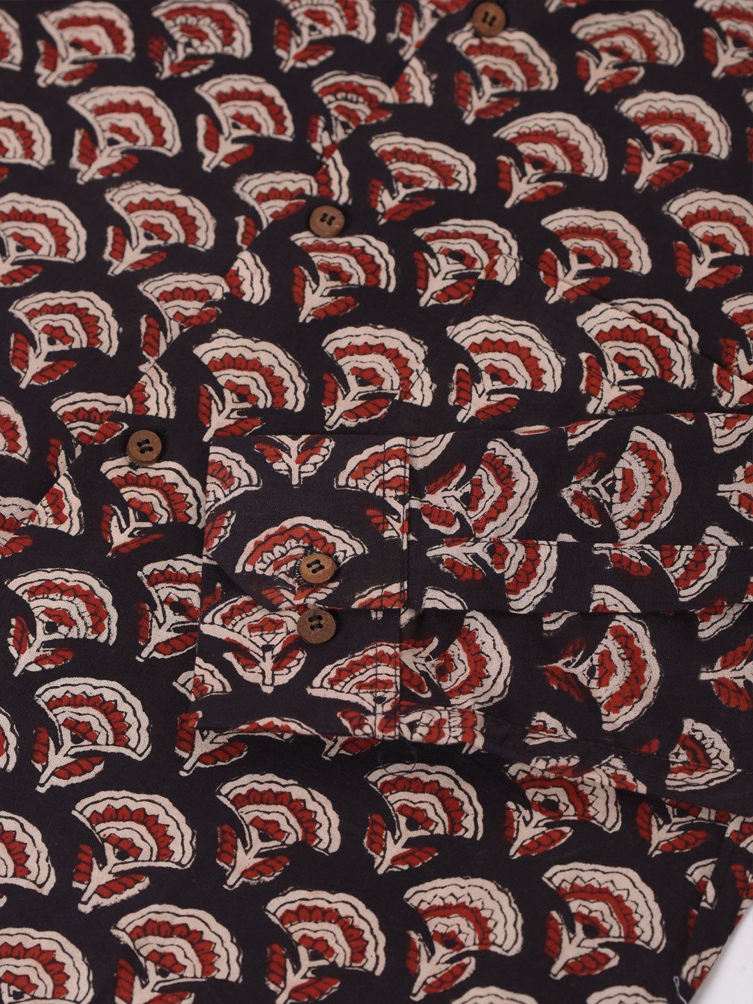 Black with Red Floral Block Print Cotton Slim Fit Shirt