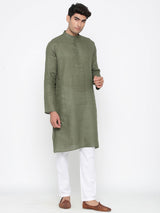 Olive Green Plain Linen Kurta With Pyjama