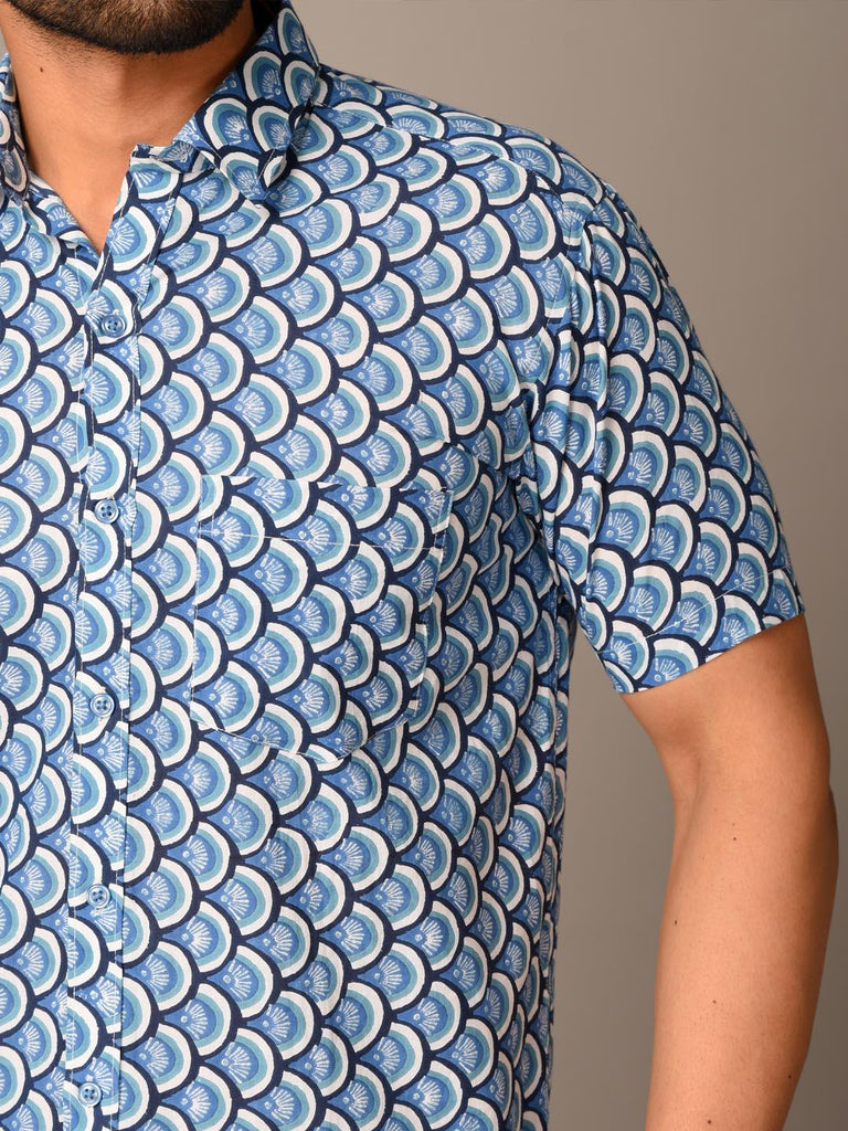 Blue Takeshi Printed Cotton Half Shirt - Tistabene