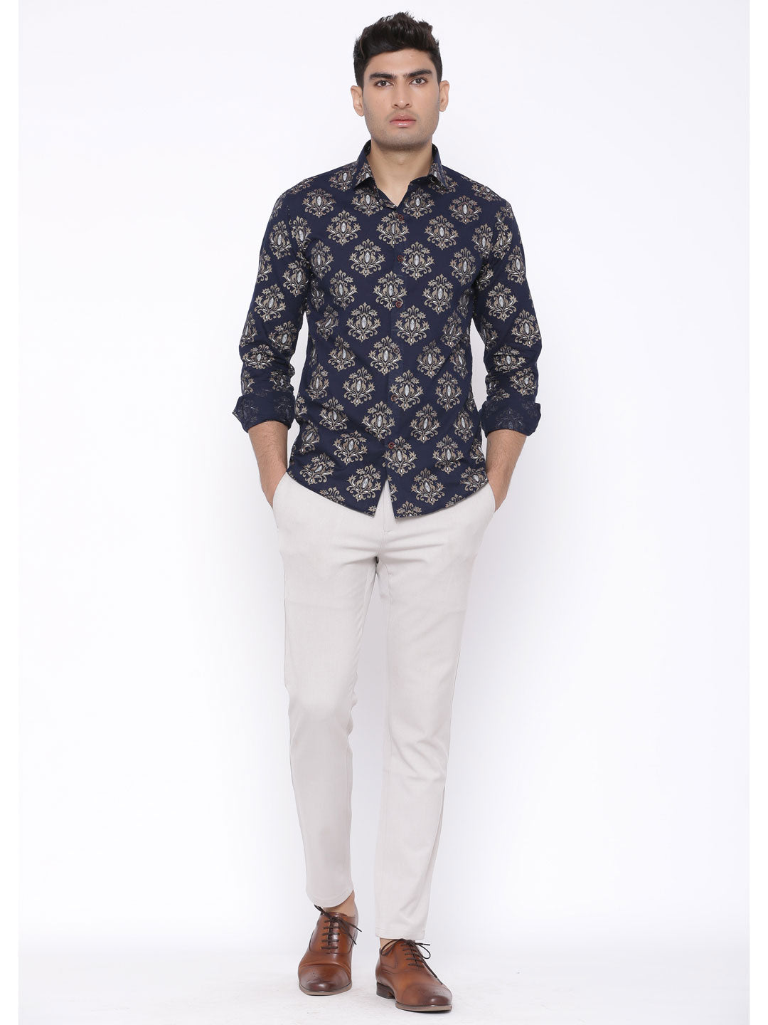 Blue With Golden Motif Printed Cotton Shirt
