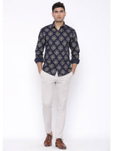 Blue With Golden Motif Printed Cotton Shirt