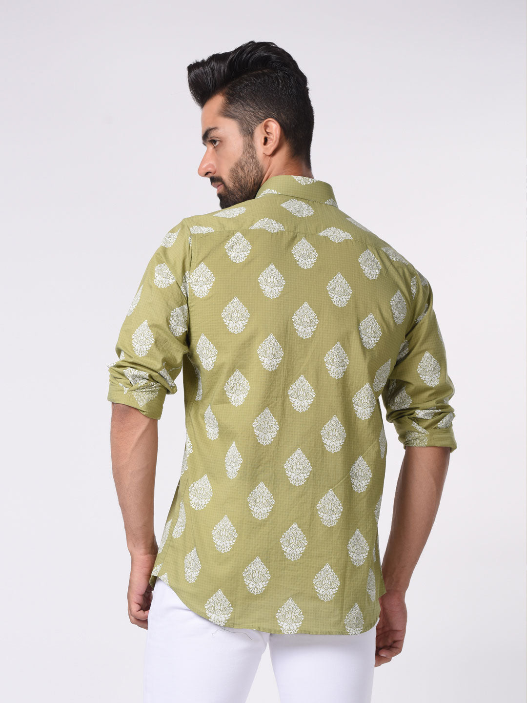 Green and White Ethnic Motif Printed Cotton Shirt