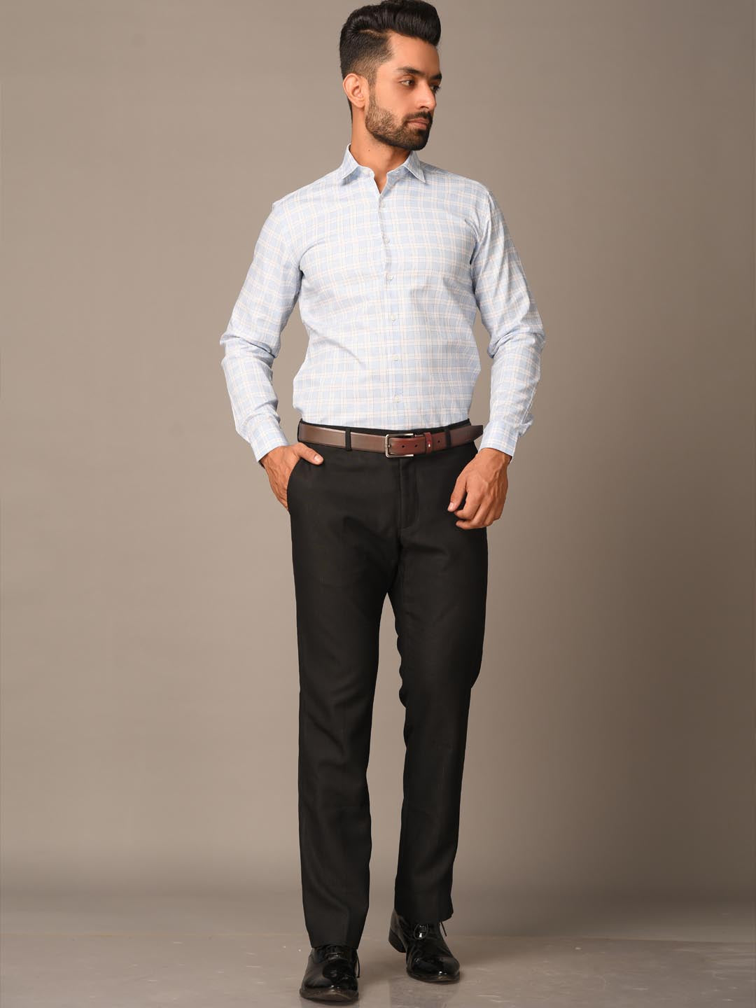 light blue check shirt