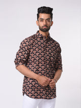 Black with Red Floral Block Print Cotton Slim Fit Shirt
