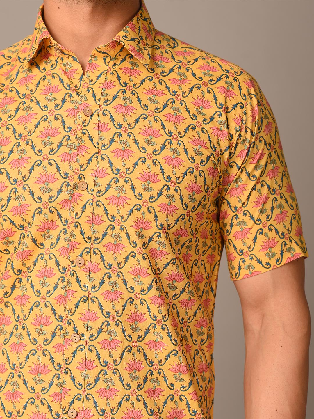 Yellow Bloomy Printed Cotton Shirt