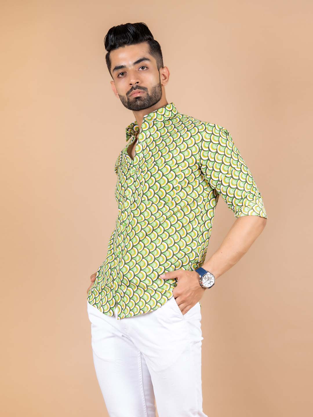 Buy Trendy Green Takeshi Printed Cotton Shirt Online | Tistabene