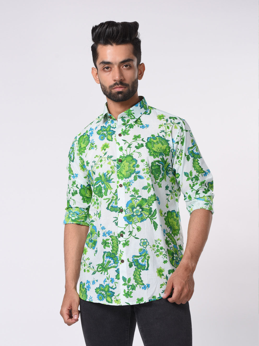 White and Green Floral Cotton Printed Shirt