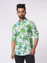 White and Green Floral Cotton Printed Shirt