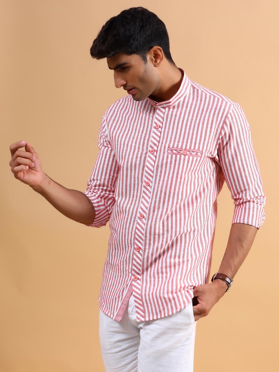Men White and Red Stripe Mandarin Collar Cotton Shirt - Tistabene