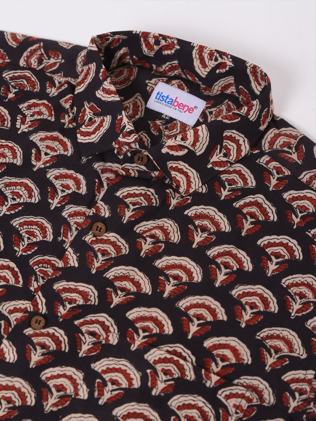 Black with Red Floral Block Print Cotton Slim Fit Shirt