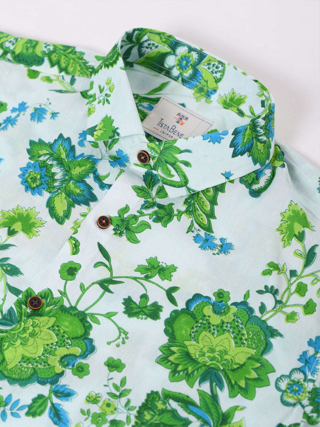 White and Green Floral Cotton Printed Shirt